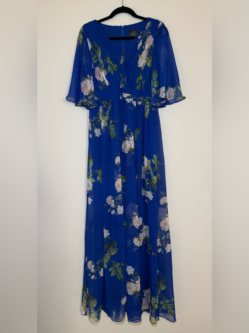 Adrianna Papell Floral Maxi Dress with Sheer Flutter Sleeves in Royal Blue Multi
